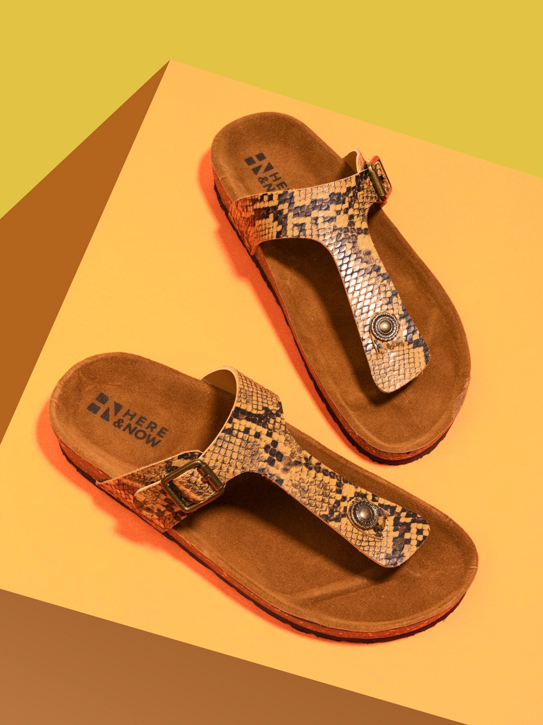 HERE&NOW Women Brown Printed T-Strap Flats Price in India