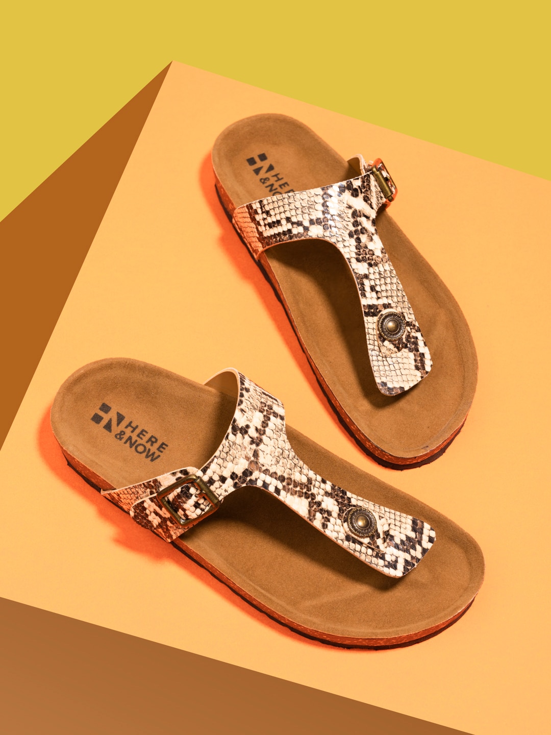 HERE&NOW Women Tan Printed T-Strap Flats Price in India