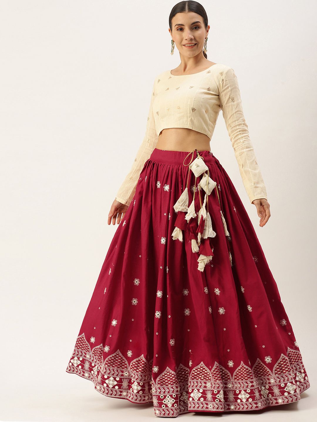 LOOKNBOOK ART Maroon & Beige Thread Work Semi-Stitched Lehenga Set Price in India