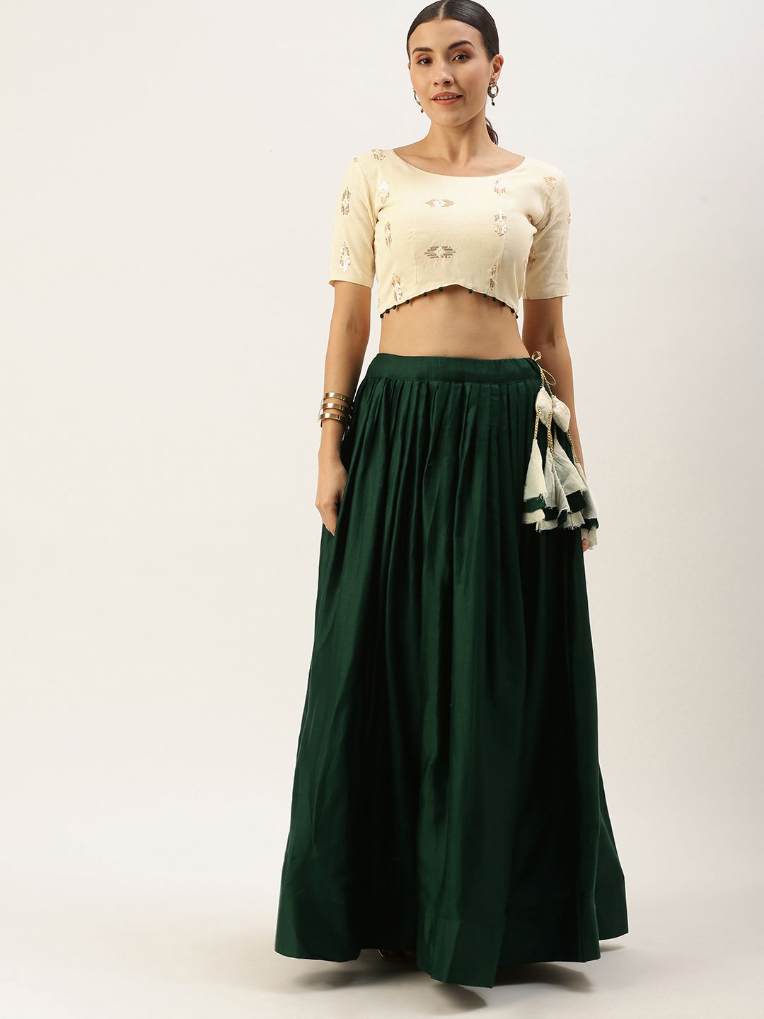 LOOKNBOOK ART Green & Off White Embellished Sequinned Semi-Stitched Lehenga & Unstitched Price in India