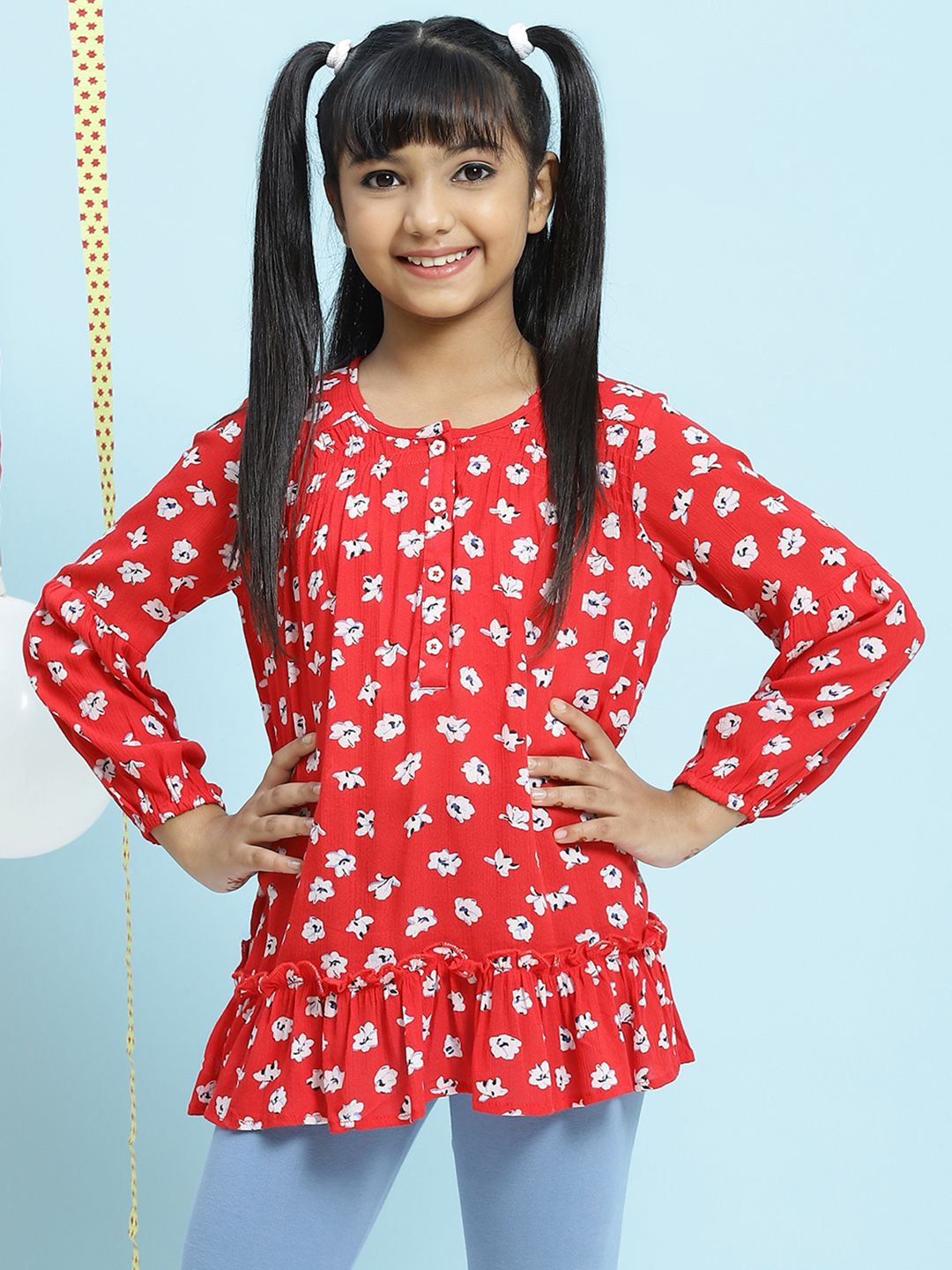 Biba Girls Coral Red & White Floral Regular Top