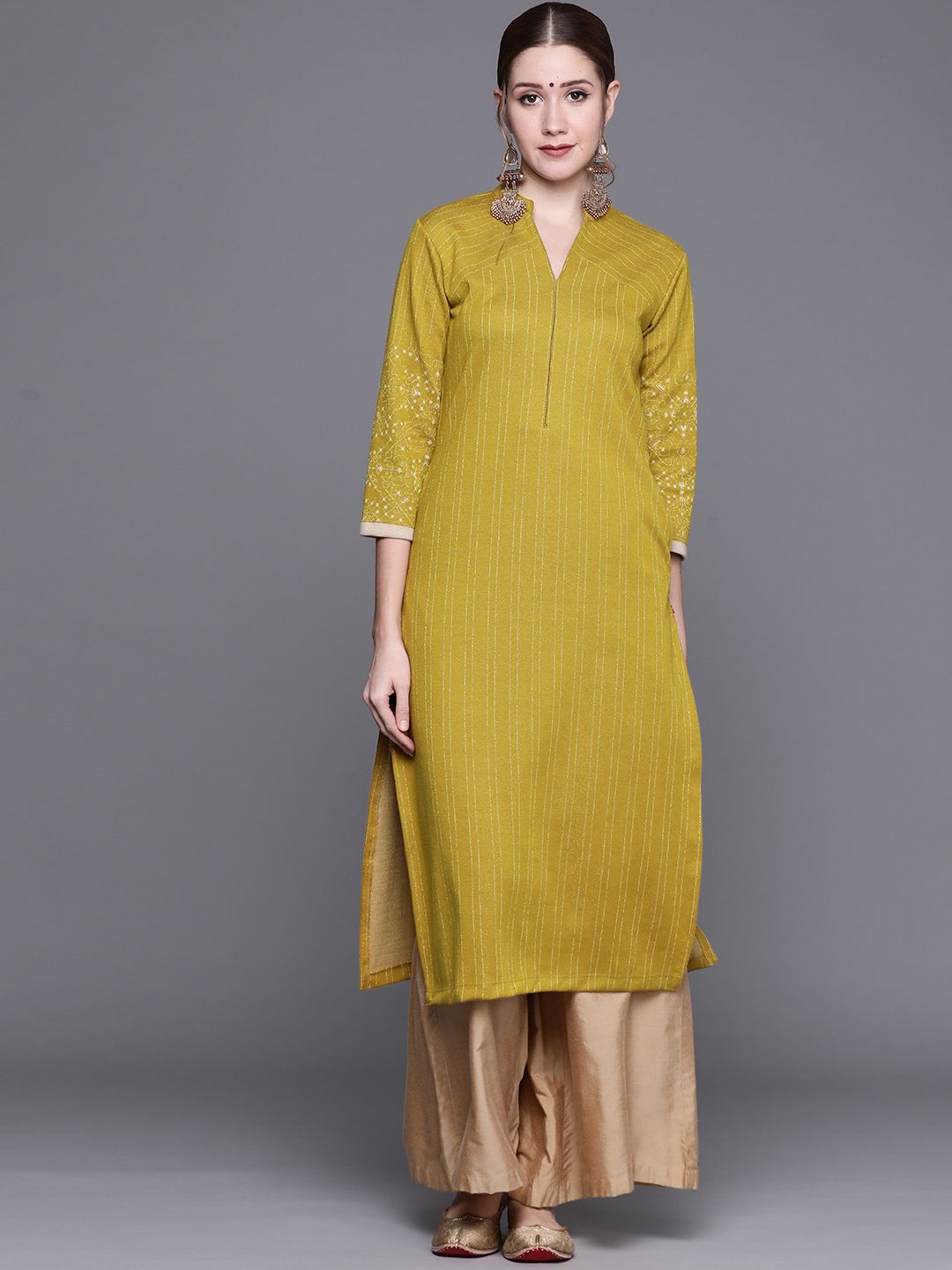 Biba Women Mustard Yellow Striped Winter Kurta Price in India