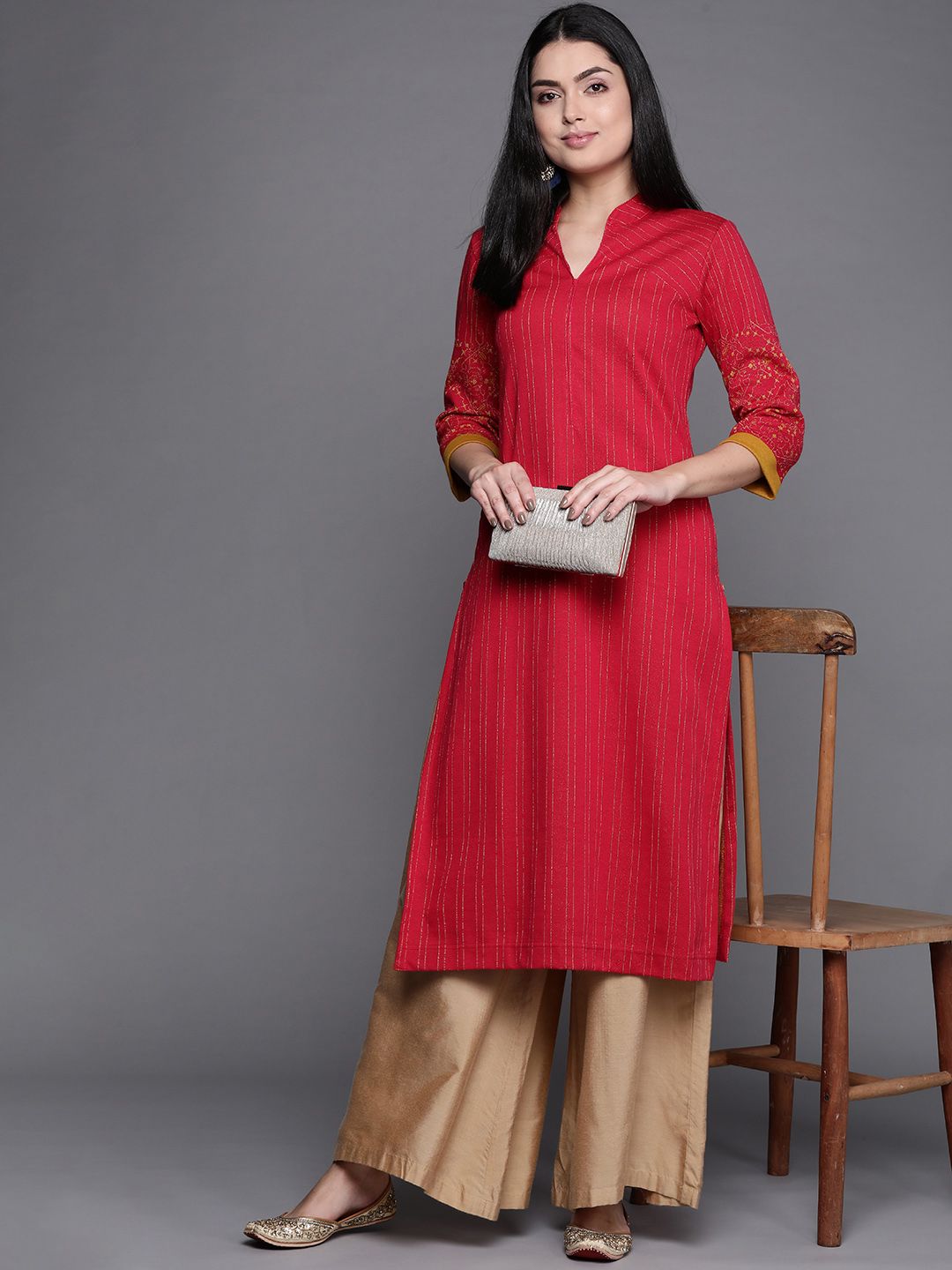 Biba Women Pink & Golden Striped Winter Kurta Price in India