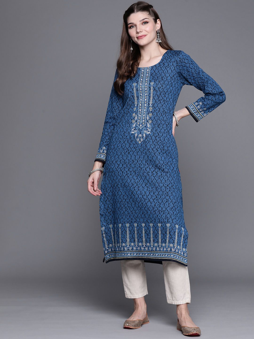 Biba Women Blue Ethnic Woven Design Winter Kurta Price in India