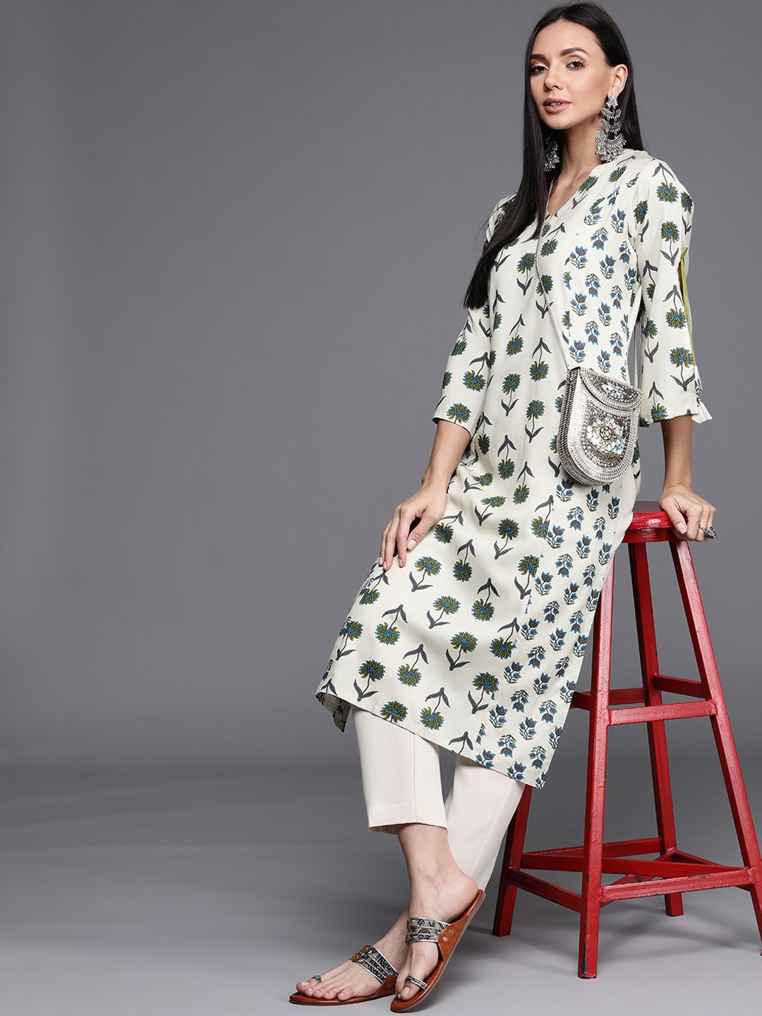 Libas Women Off White & Green Floral Printed Flared Sleeves Floral Kurta Price in India