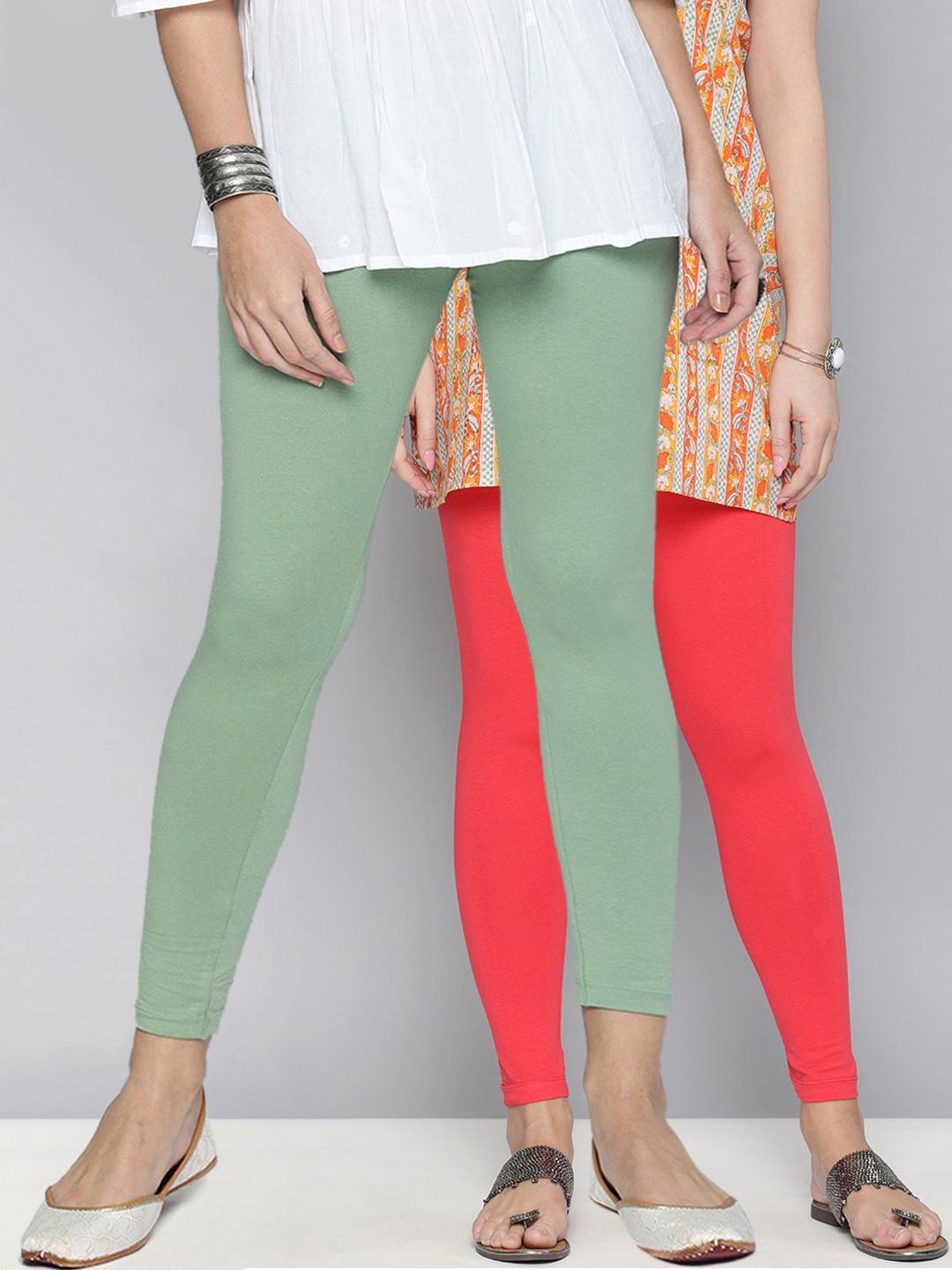 HERE&NOW Pack of 2 Coral & Green Churidar Leggings Price in India