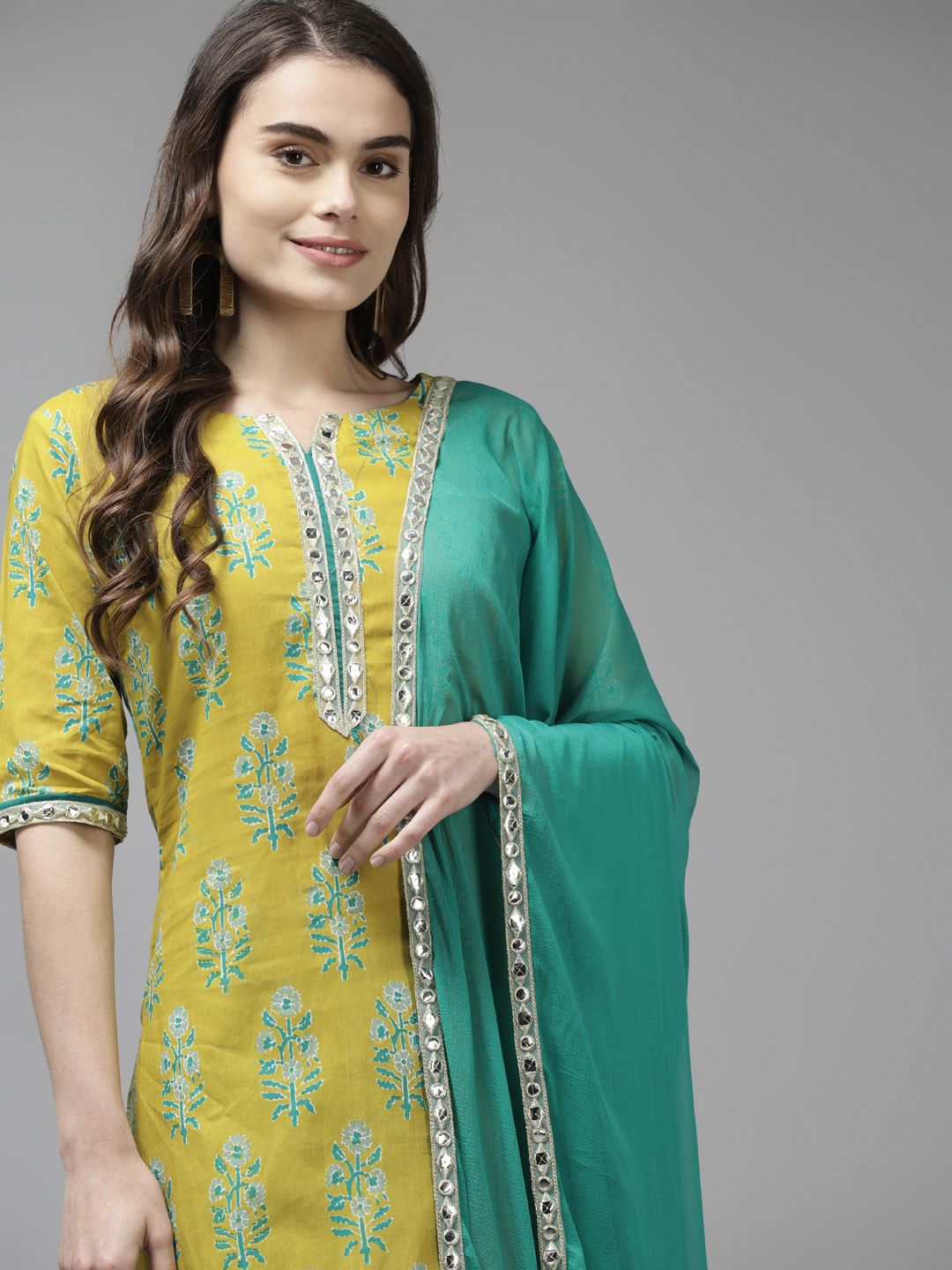 Indo Era Women Yellow Ethnic Motifs Printed Kurta with Palazzos & Dupatta Price in India