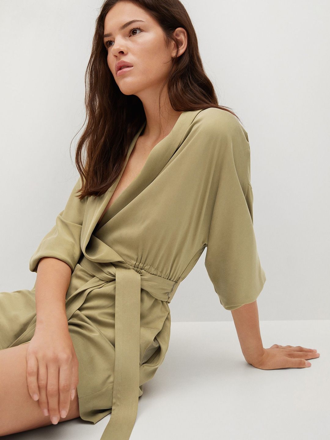 MANGO Olive Green Solid Wrap Playsuit Price in India