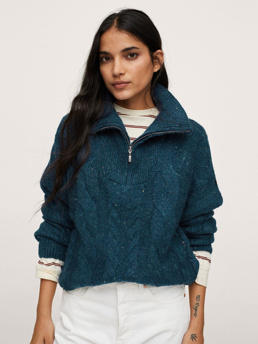 MANGO Women Teal Blue Cable Knit Mock Neck Pullover Price in India