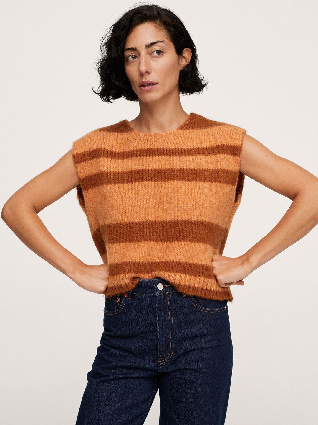 MANGO Women Peach-Coloured & Brown Striped Pullover Price in India