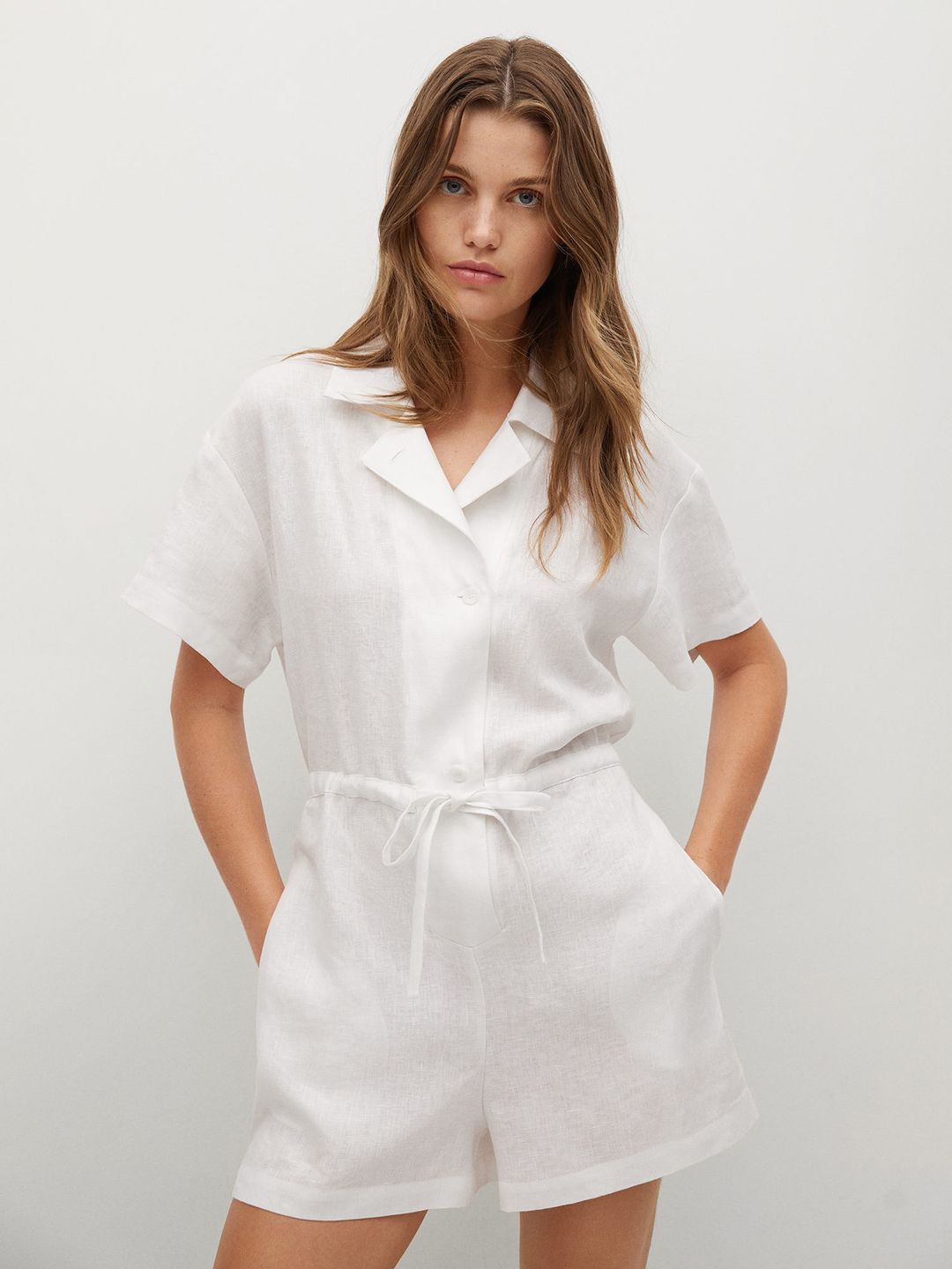 MANGO White Linen Playsuit with Waist Tie-Ups Price in India