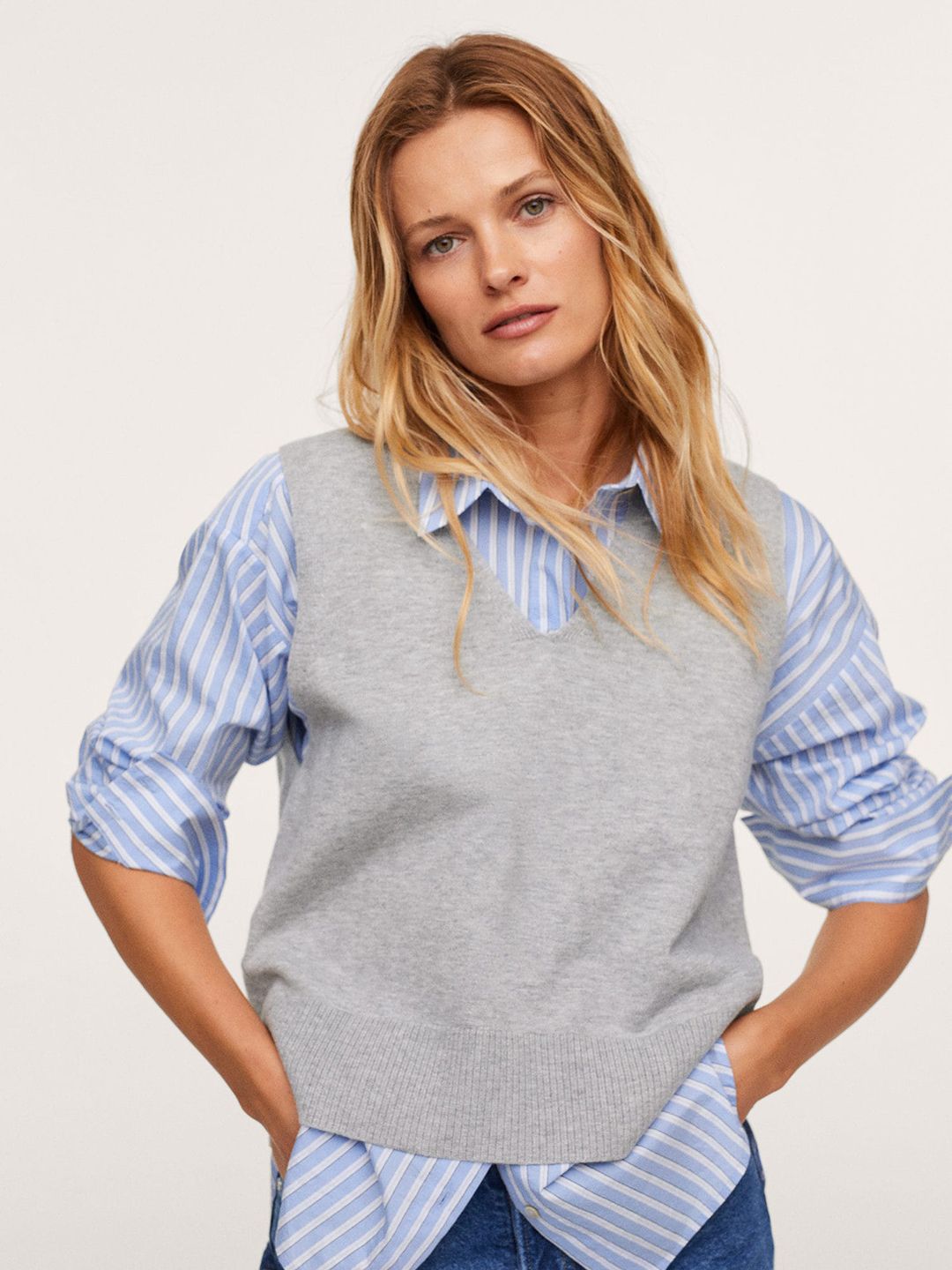 MANGO Women Grey Melange Solid Sweater Vest Price in India