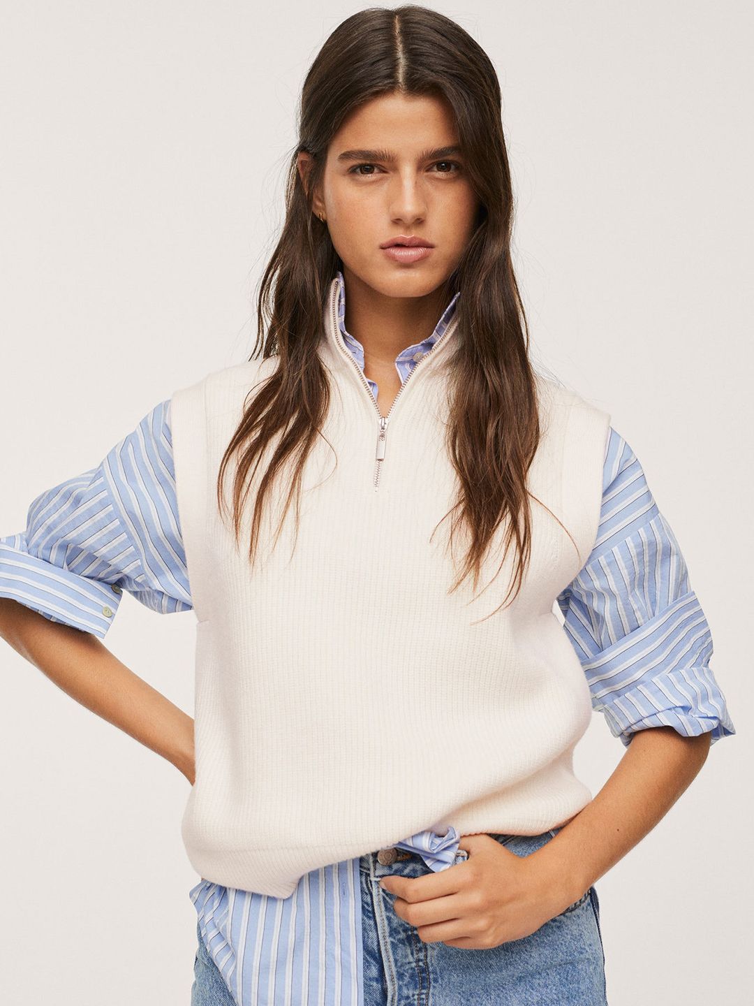 MANGO Women Off White Striped Pullover Sweater Price in India