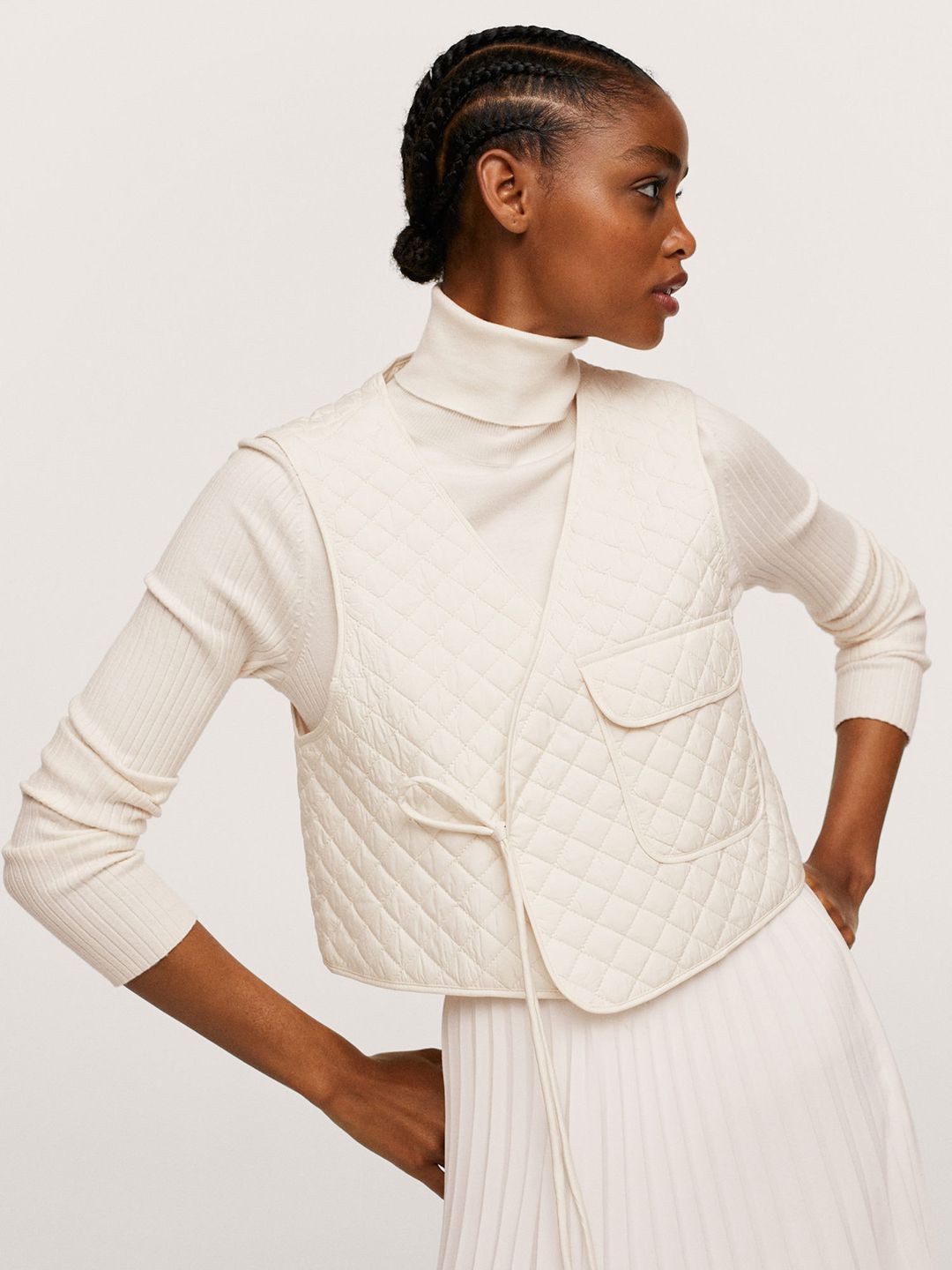 MANGO Women Off White Solid Wrap Quilted Jacket Price in India