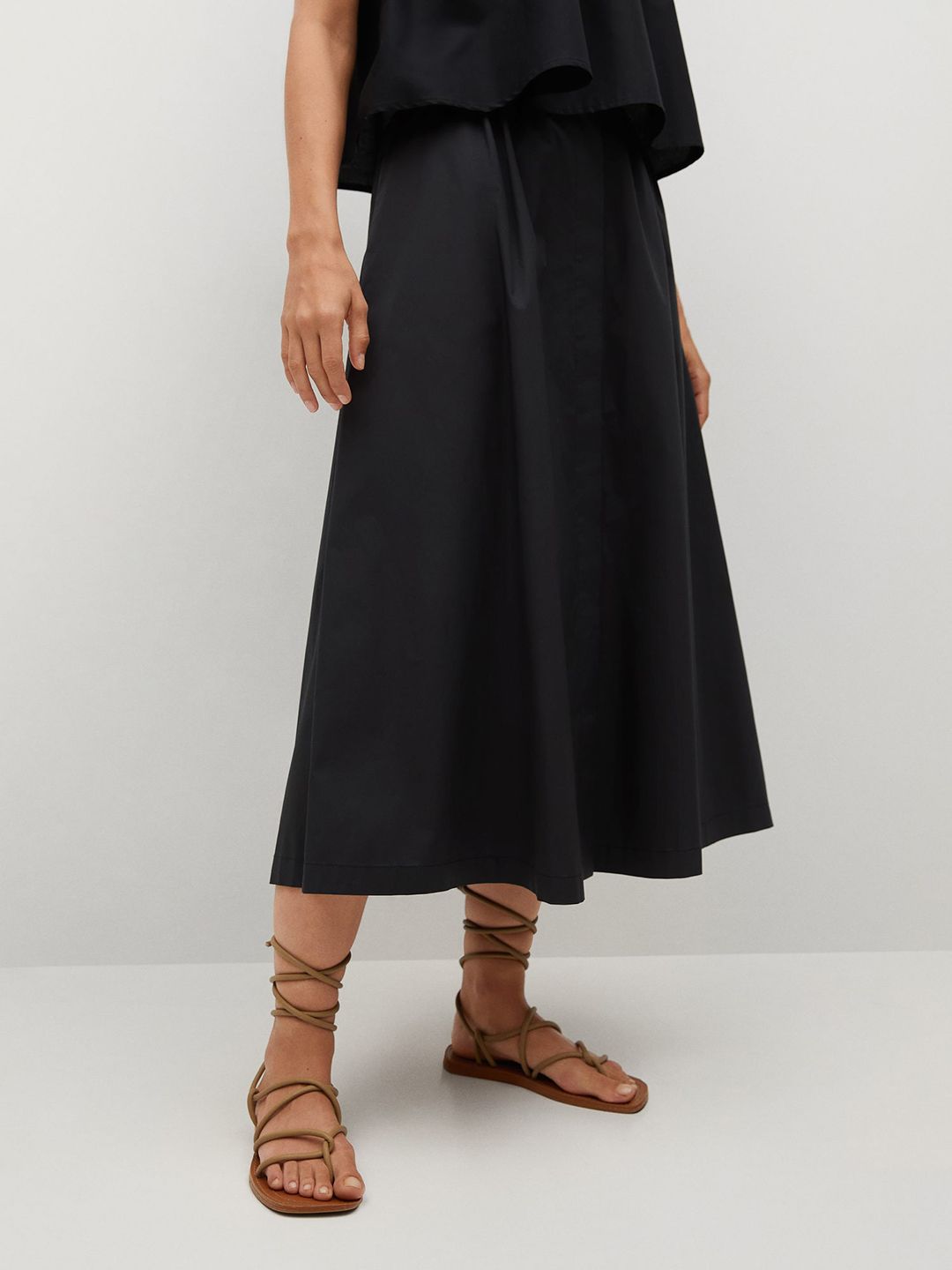 MANGO Women Black Solid Pure Cotton Flared A-Line Skirt