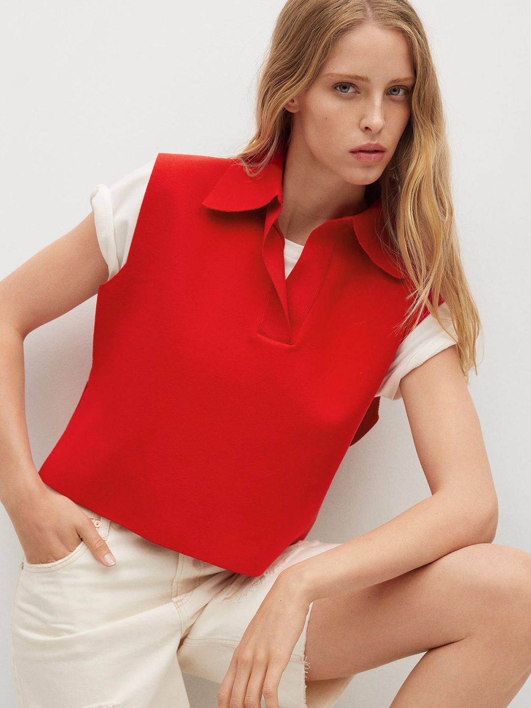 MANGO Women Red Sweater Vest With Cut-Out Detail Price in India