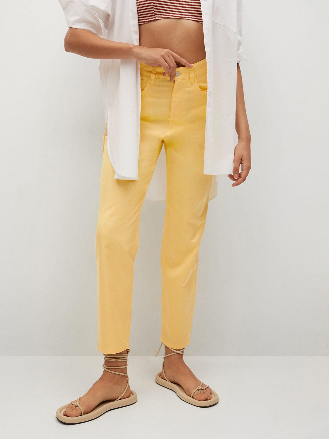 MANGO Women Yellow Solid Regular Trousers Price in India