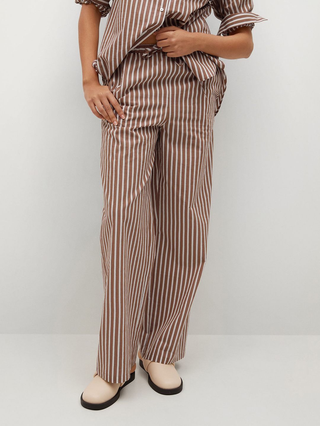 MANGO Women Brown& White Striped Trousers Price in India