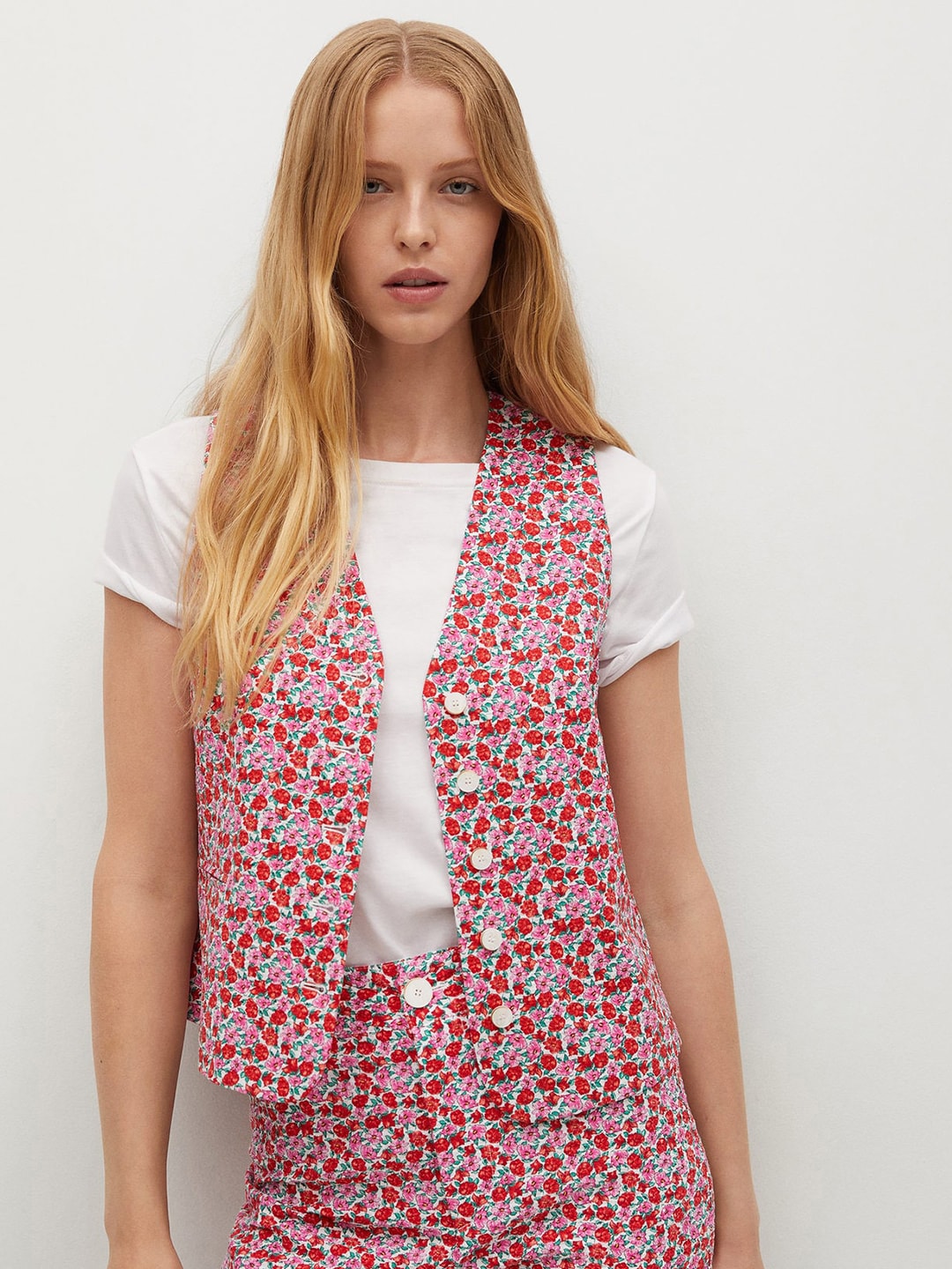 MANGO Women Red & Pink Floral Print Waistcoat Price in India