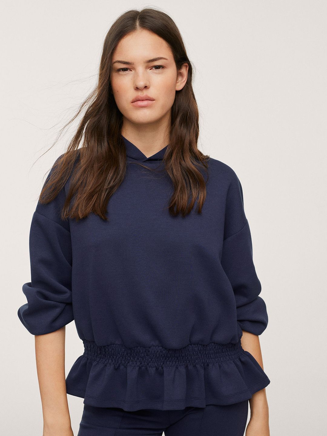 MANGO Women Navy Blue Solid Hooded Sweatshirt Price in India