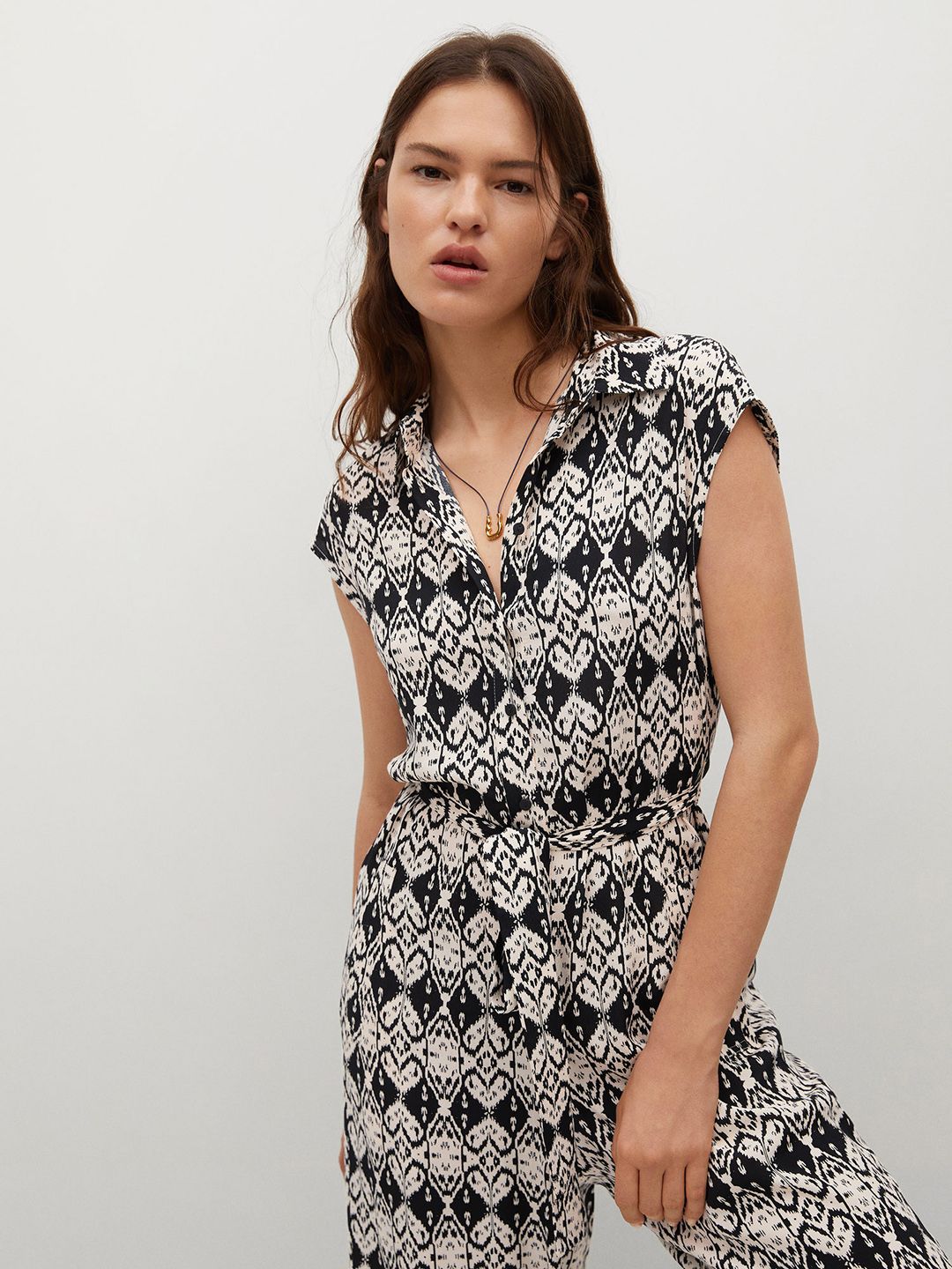 MANGO Black & White Printed Basic Jumpsuit Price in India