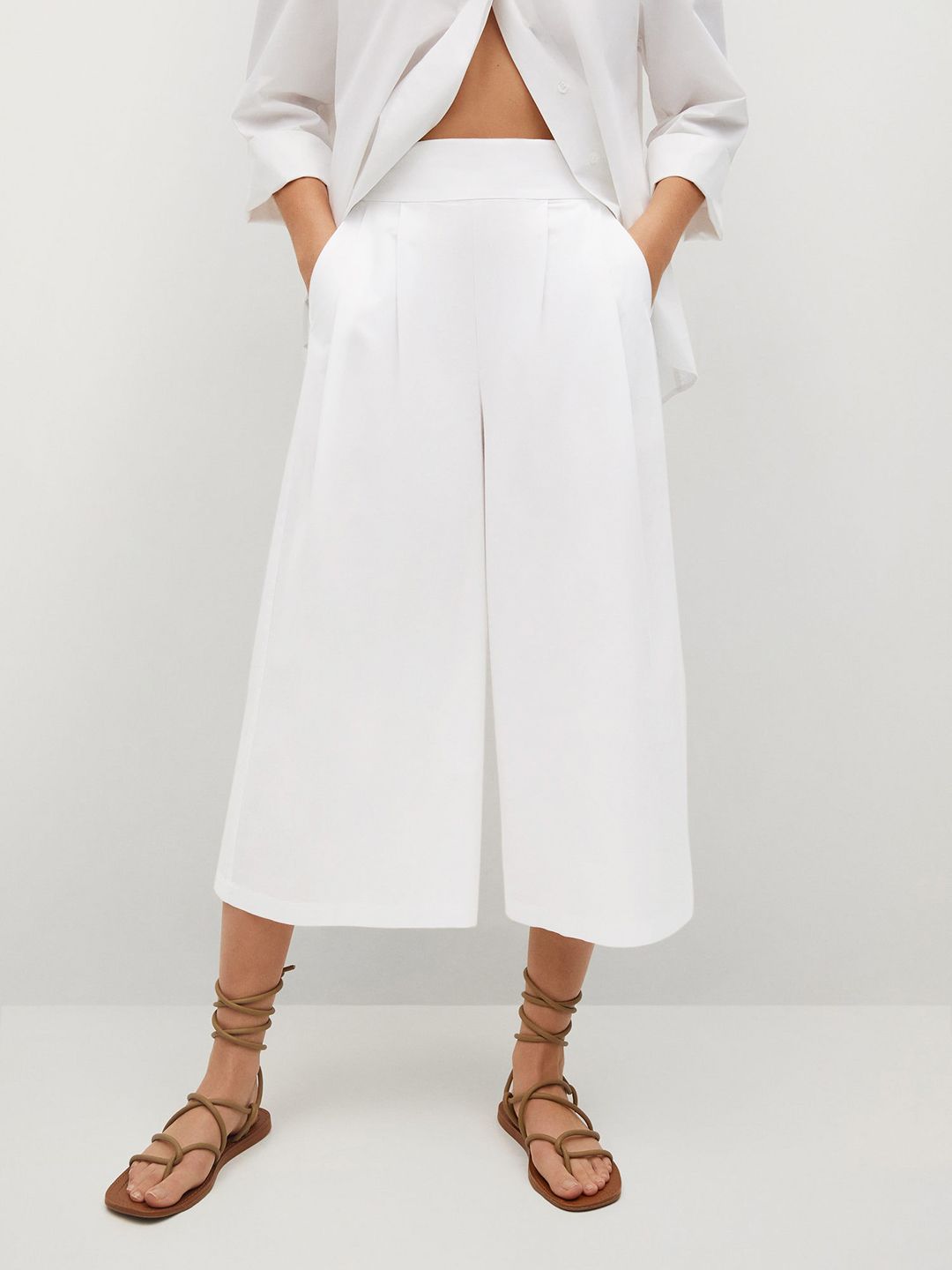 MANGO Women White Pleated Cotton Cropped Trousers Price in India