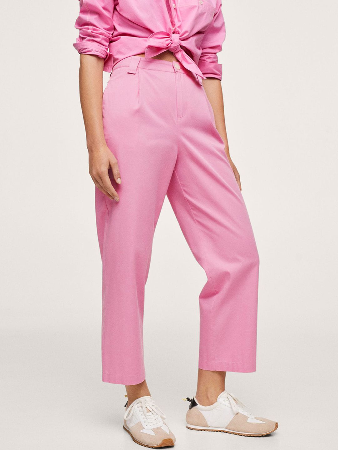 MANGO Women Pink Solid Regular Trousers Price in India