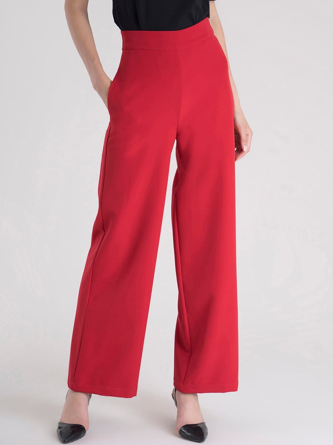 FableStreet Women Red Loose Fit Parallel Trousers Price in India