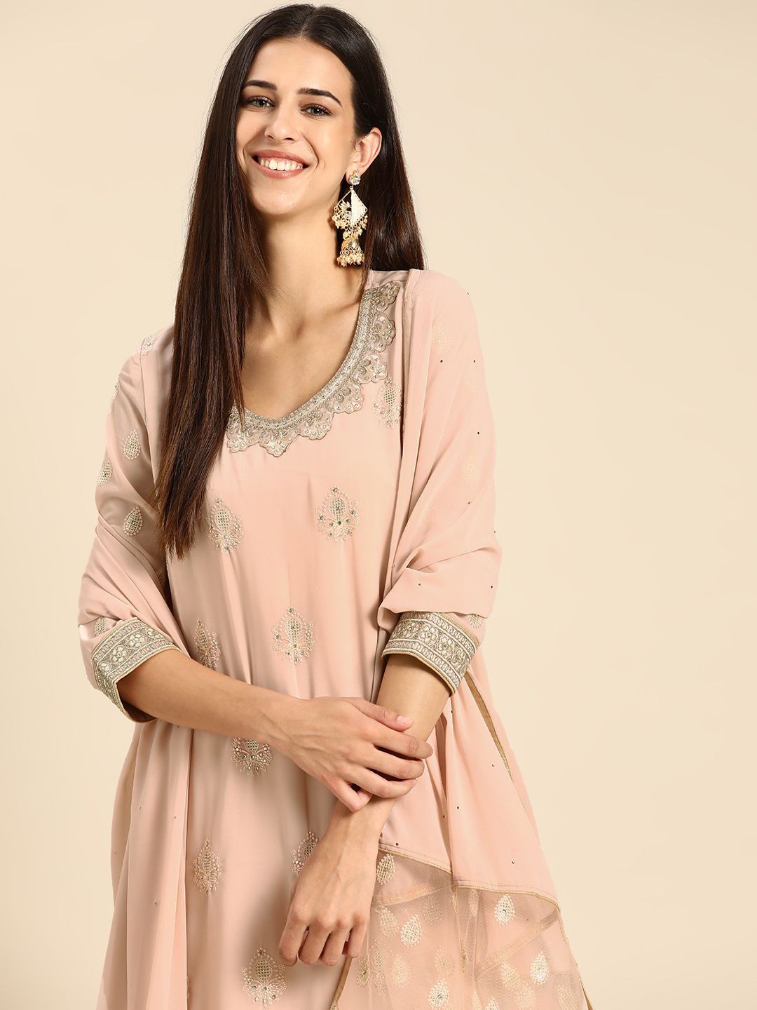 Anouk Women Pink Embroidered Regular Thread Work Kurta with Trousers & Dupatta Price in India