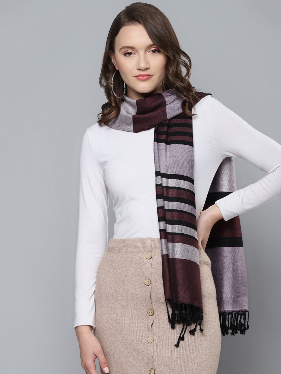 SASSAFRAS Women Maroon & Black Striped Stole Price in India