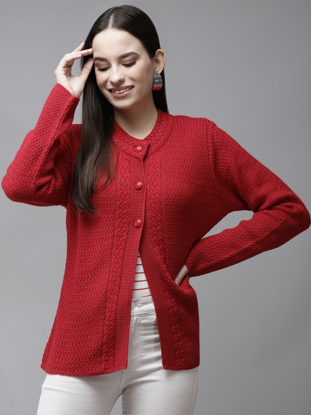 Cayman Women Red Self Design Woollen Cardigan Price in India