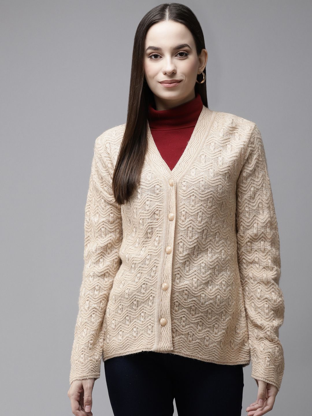 Cayman Women Beige Self Design Woollen Cardigan Price in India