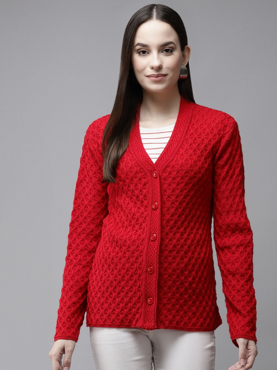 Cayman Women Red Self Design Woollen Cardigan Price in India