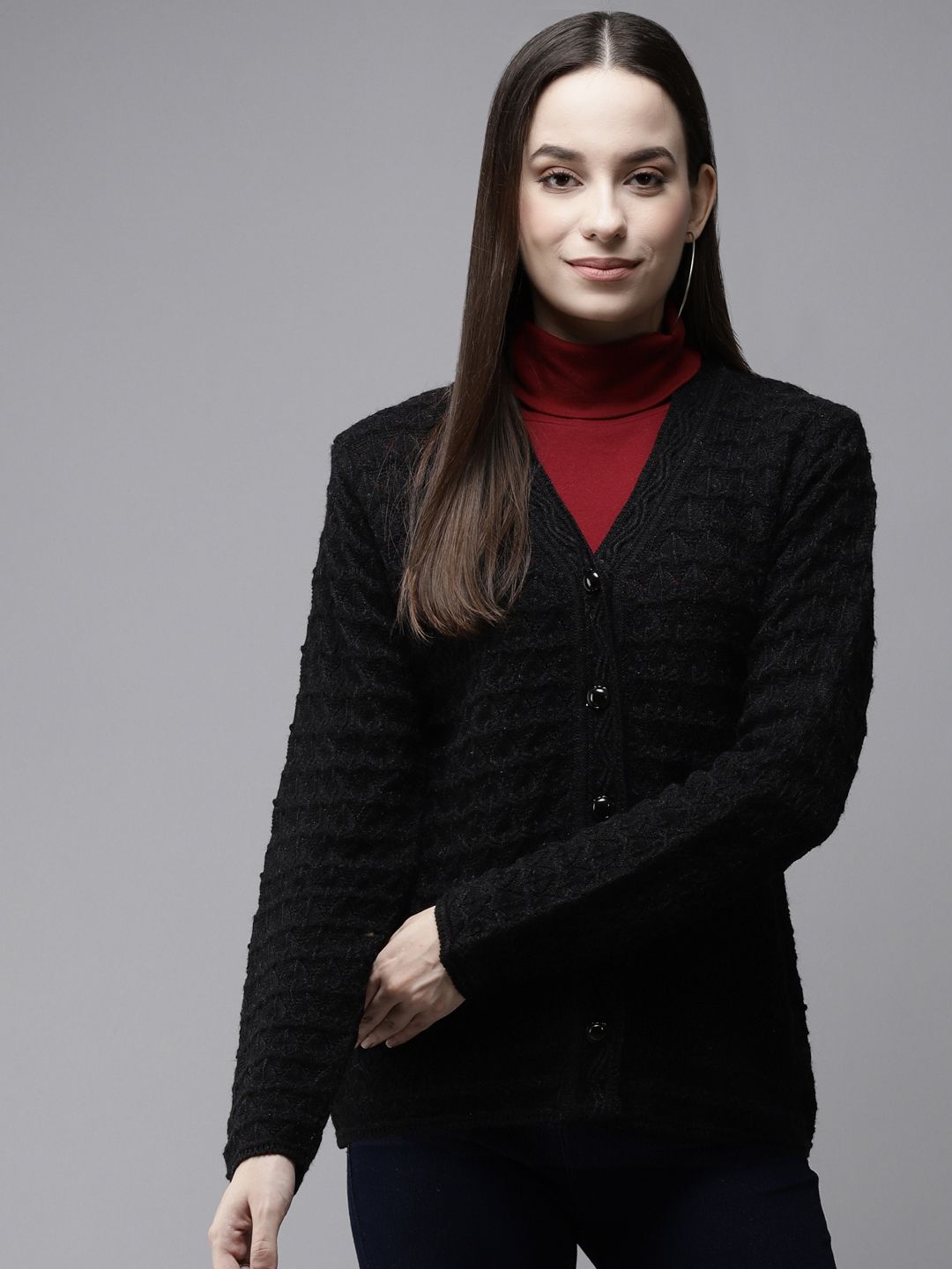 Cayman Women Black Self Design Woollen Cardigan Price in India