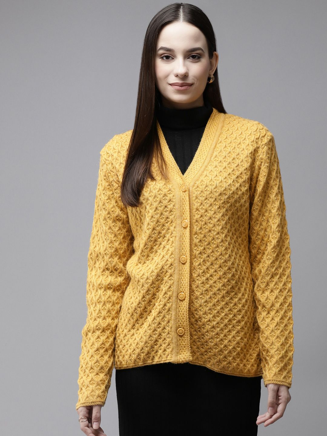 Cayman Women Mustard Yellow Self Design Woollen Cardigan Price in India