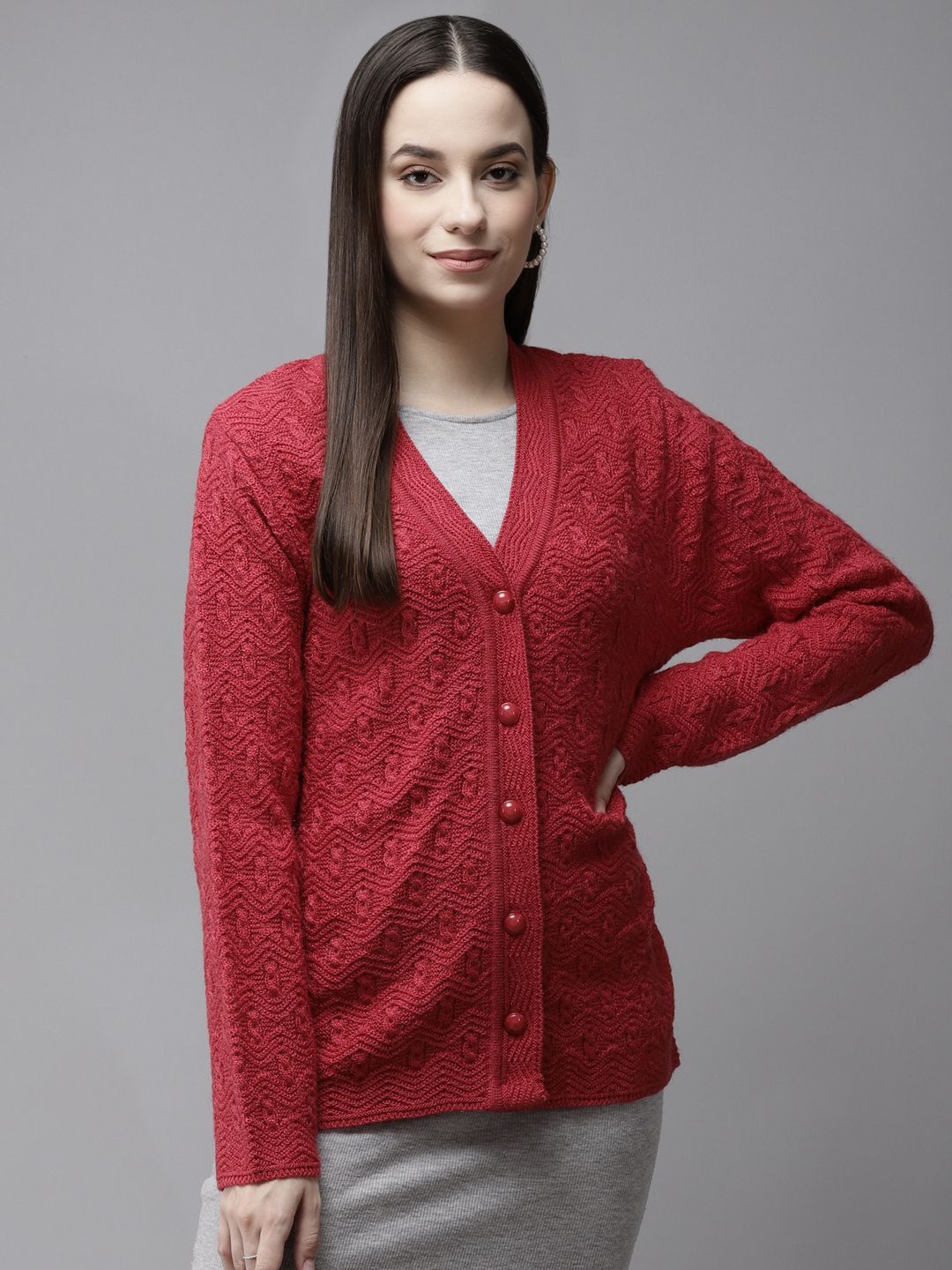 Cayman Women Pink Self Design Woollen Cardigan Price in India