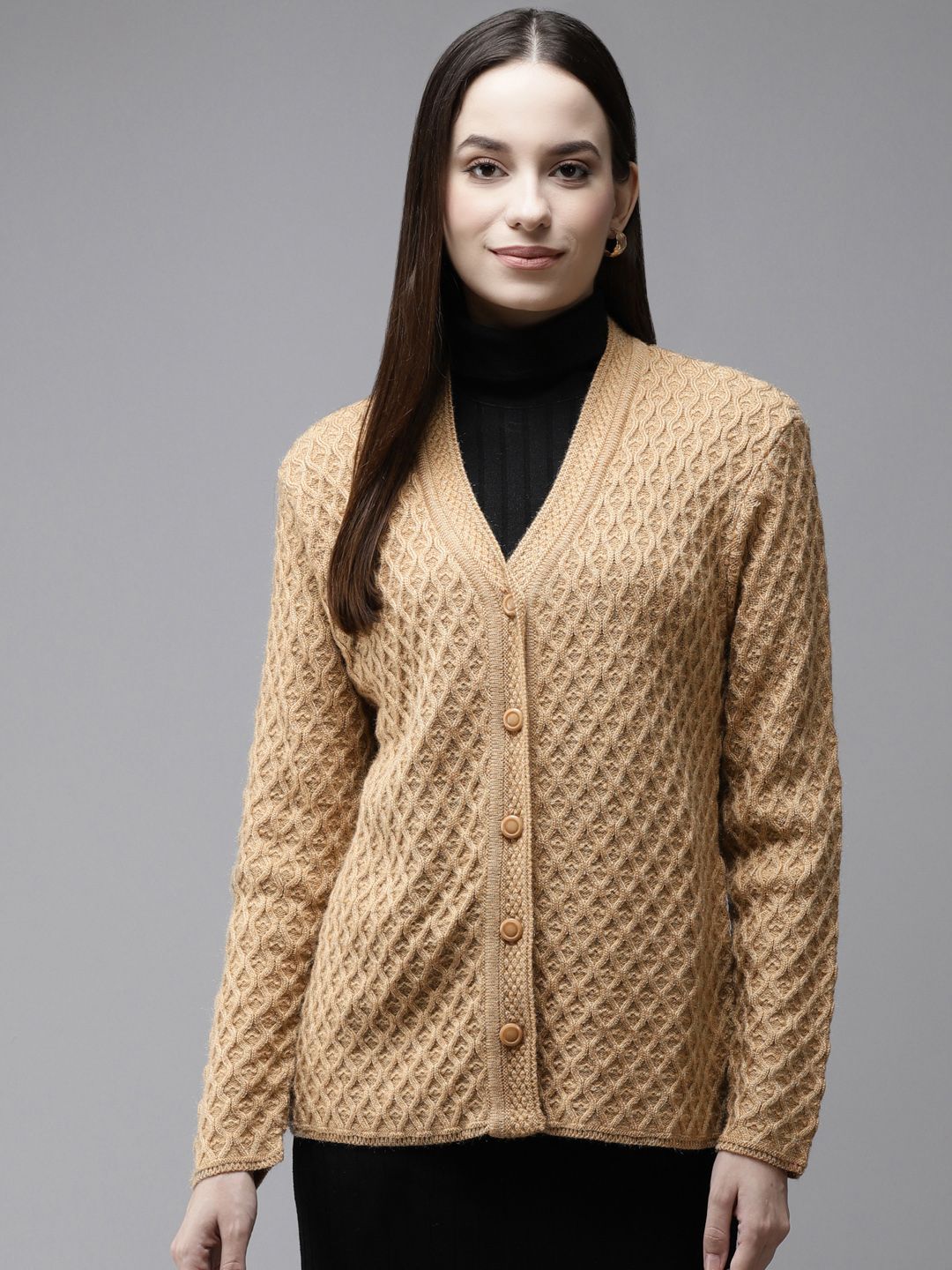 Cayman Women Beige Self Design Woollen Cardigan Price in India