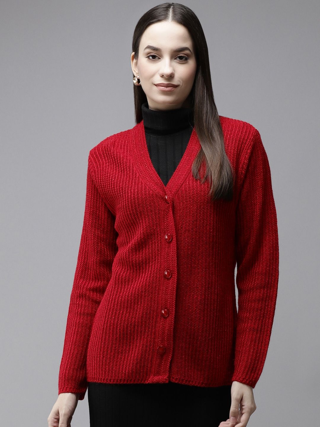 Cayman Women Red Self Striped Woollen Cardigan Price in India