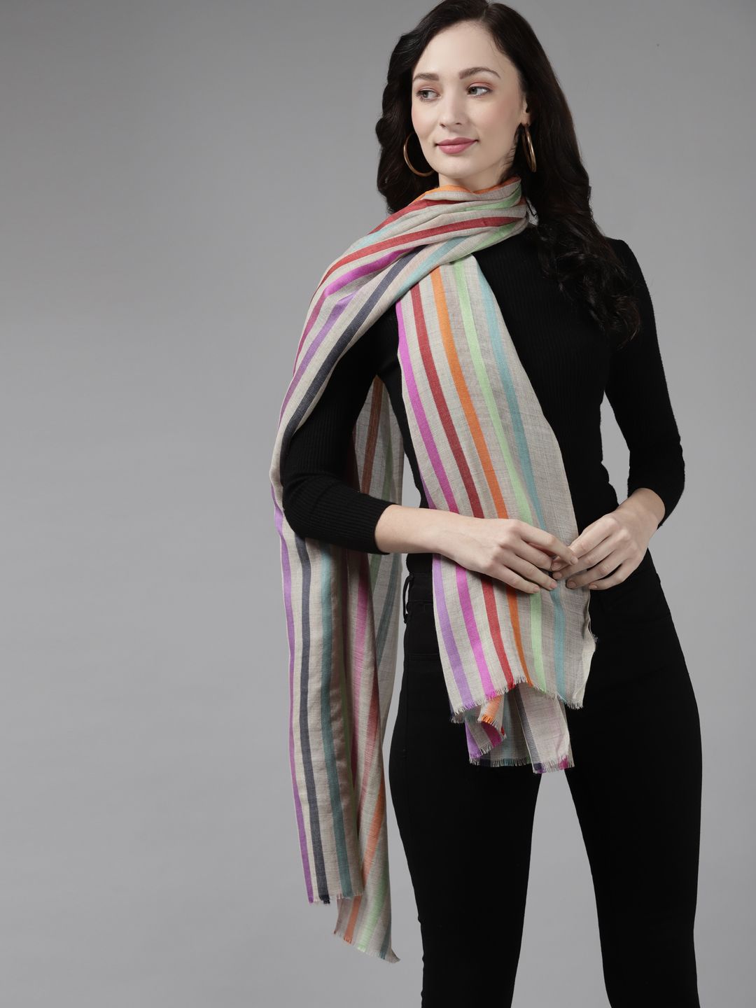 Cayman Women Beige Striped Woollen Stole Price in India