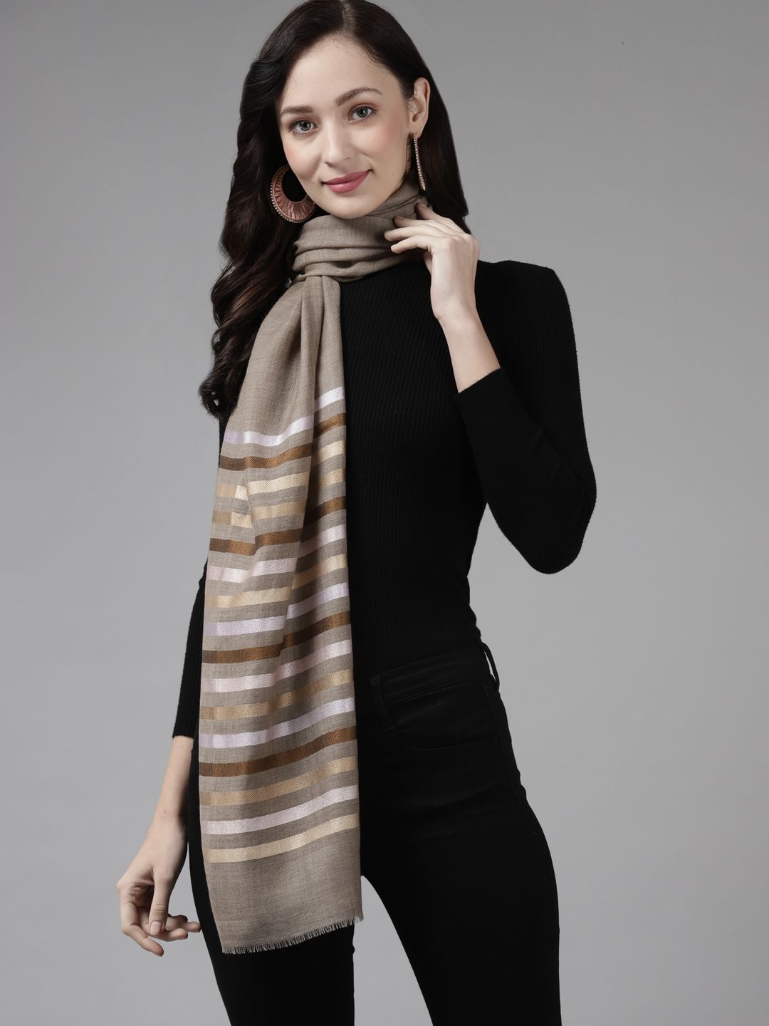 Cayman Women Taupe Woven Design Woollen Stole Price in India