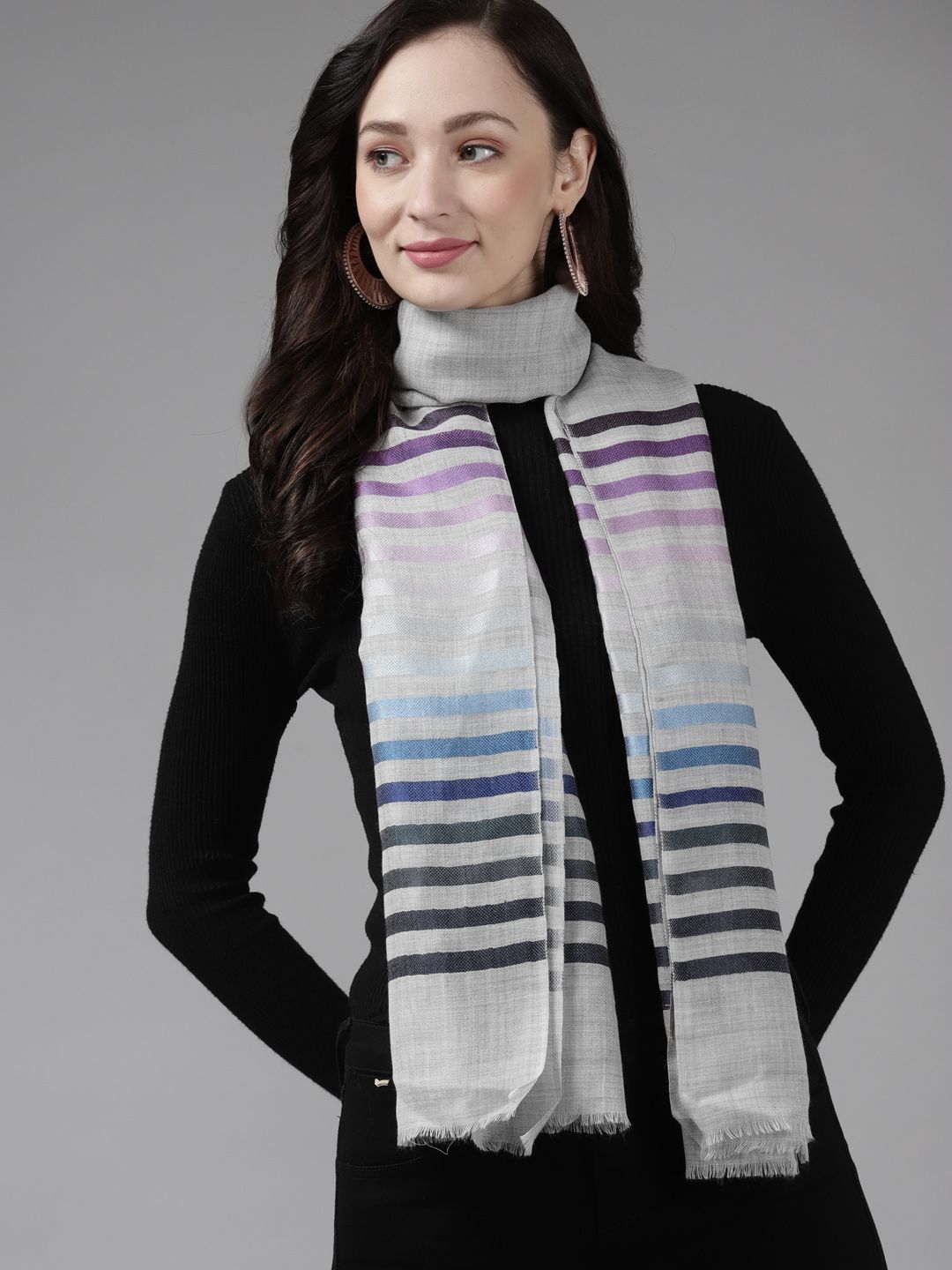 Cayman Women Grey Woven Design Woollen Stole Price in India