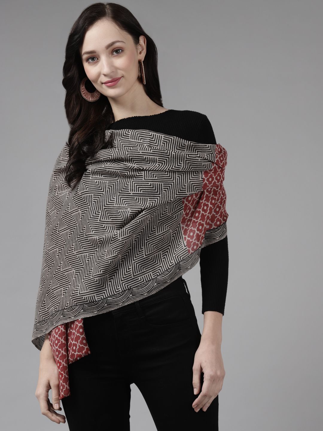 Cayman Women Red & Charcoal Grey Woven Design Woollen Stole Price in India