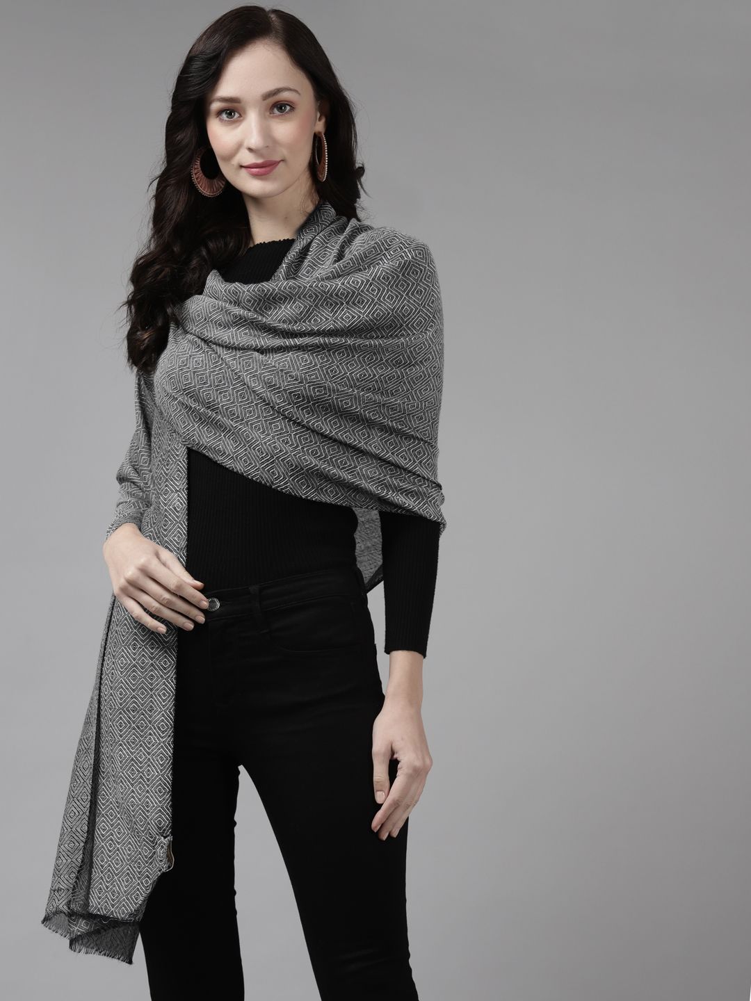 Cayman Women Black Woven Design Woollen Stole Price in India