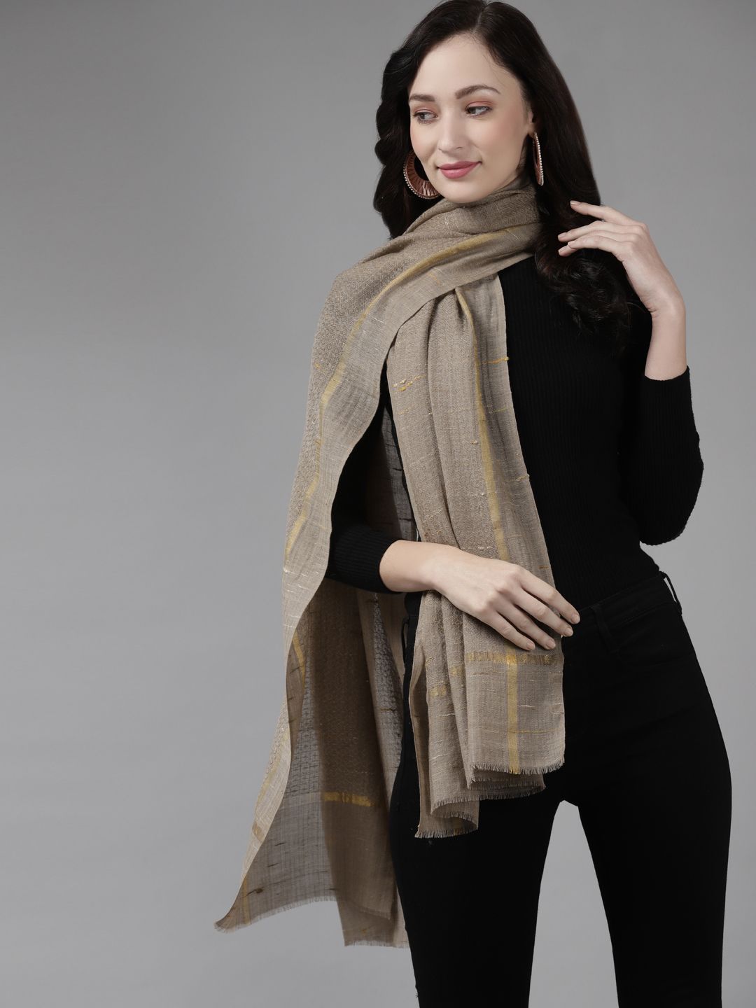 Cayman Women Taupe Woven Design Woollen Stole Price in India