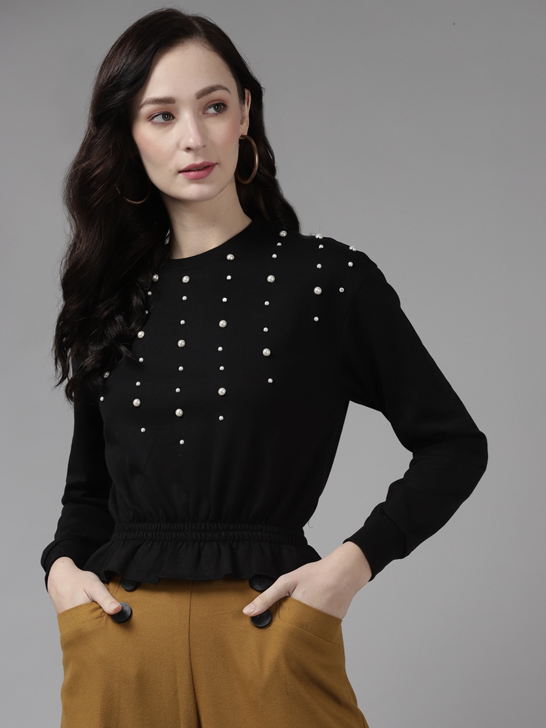Cayman Women Black Sweatshirt with Pearl Detail Price in India