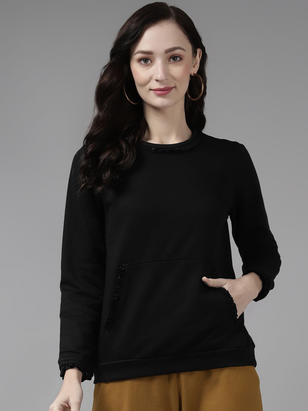 Cayman Women Black Cotton Solid Sweatshirt Price in India