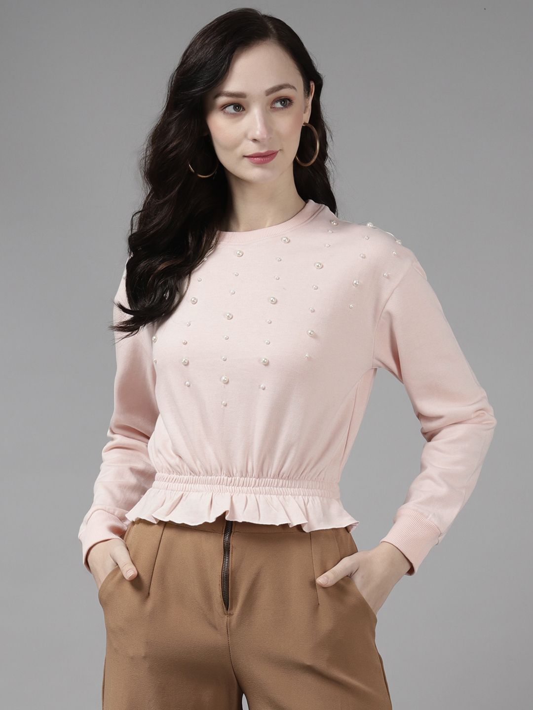 Cayman Women Pink Sweatshirt with Pearls Detail Price in India