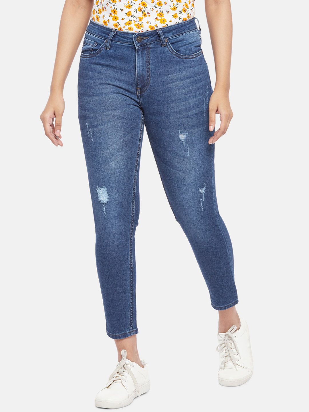 People Women Blue Slim Fit High-Rise Low Distress Light Fade Stretchable Jeans Price in India