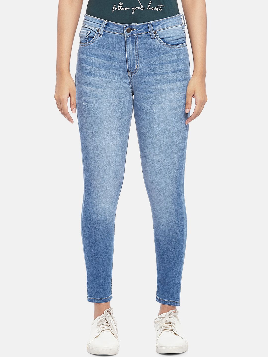 People Women Blue Slim Fit Heavy Fade Jeans Price in India
