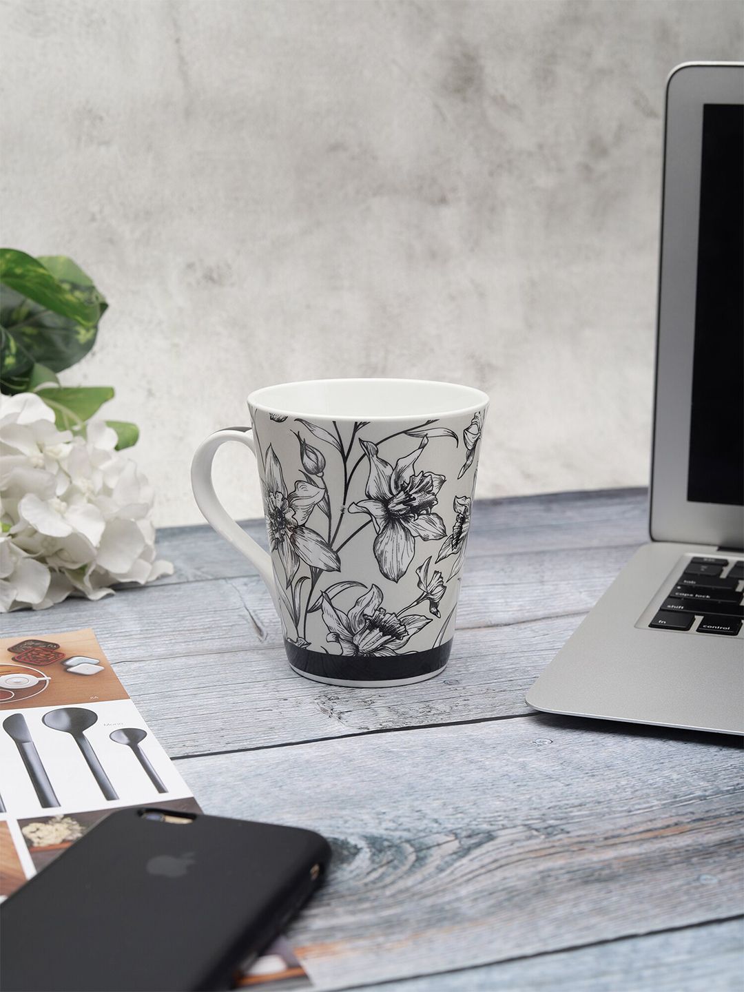 CLAY CRAFT Off White & Black Floral Printed Ceramic Glossy Mug Price in India